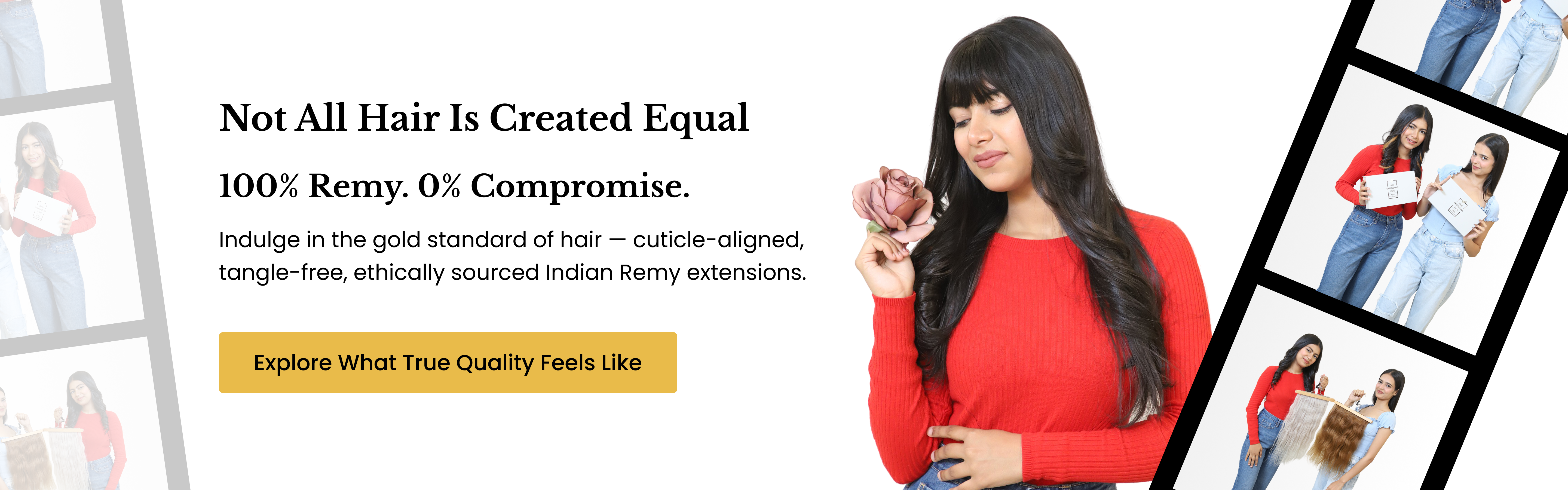 Woman with long hair holding a flower, surrounded by promotional text and images of people with hair extensions.Hair Extension Luxe