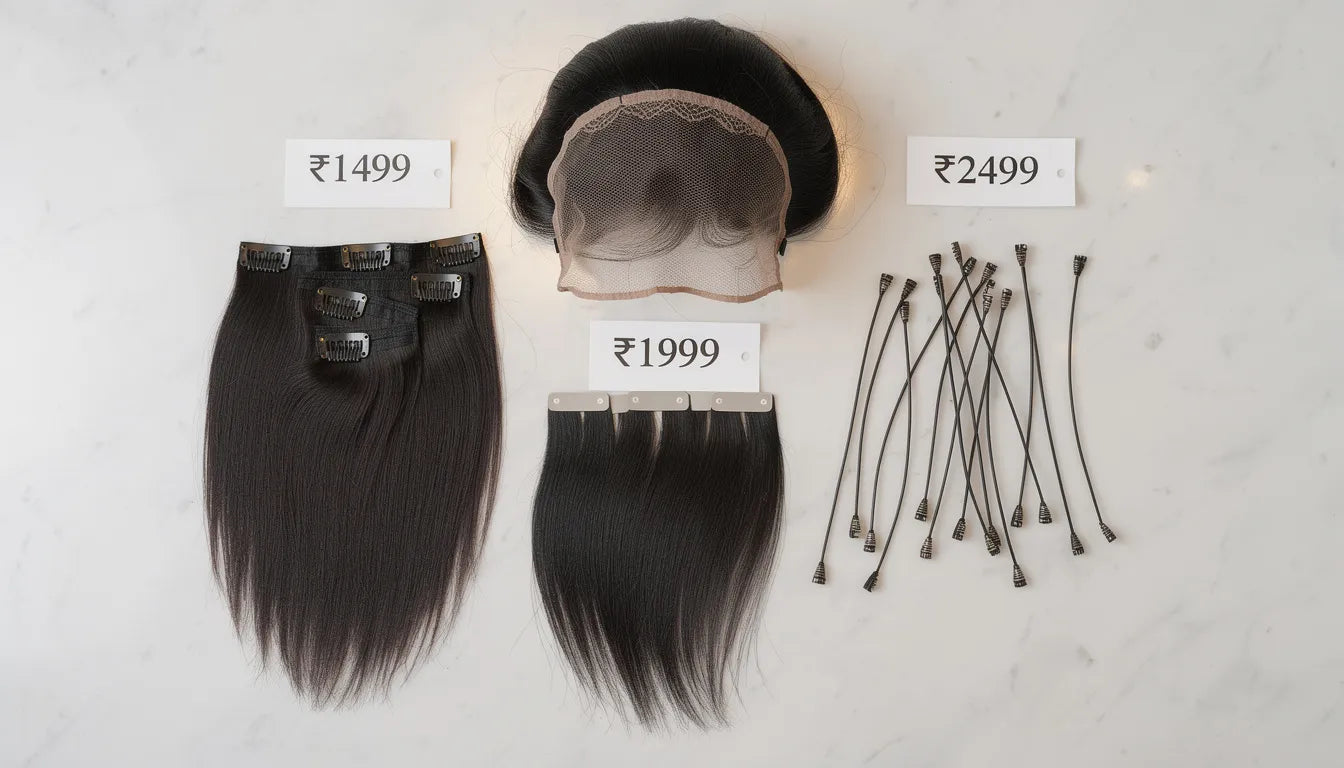 Hair extensions price in India 2026 — all types compared on white surface | Hair Extensions Luxe