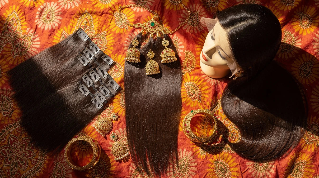 Hair extensions Ahmedabad — premium clip-in extensions and wigs on Gujarati bandhani fabric | Hair Extensions Luxe