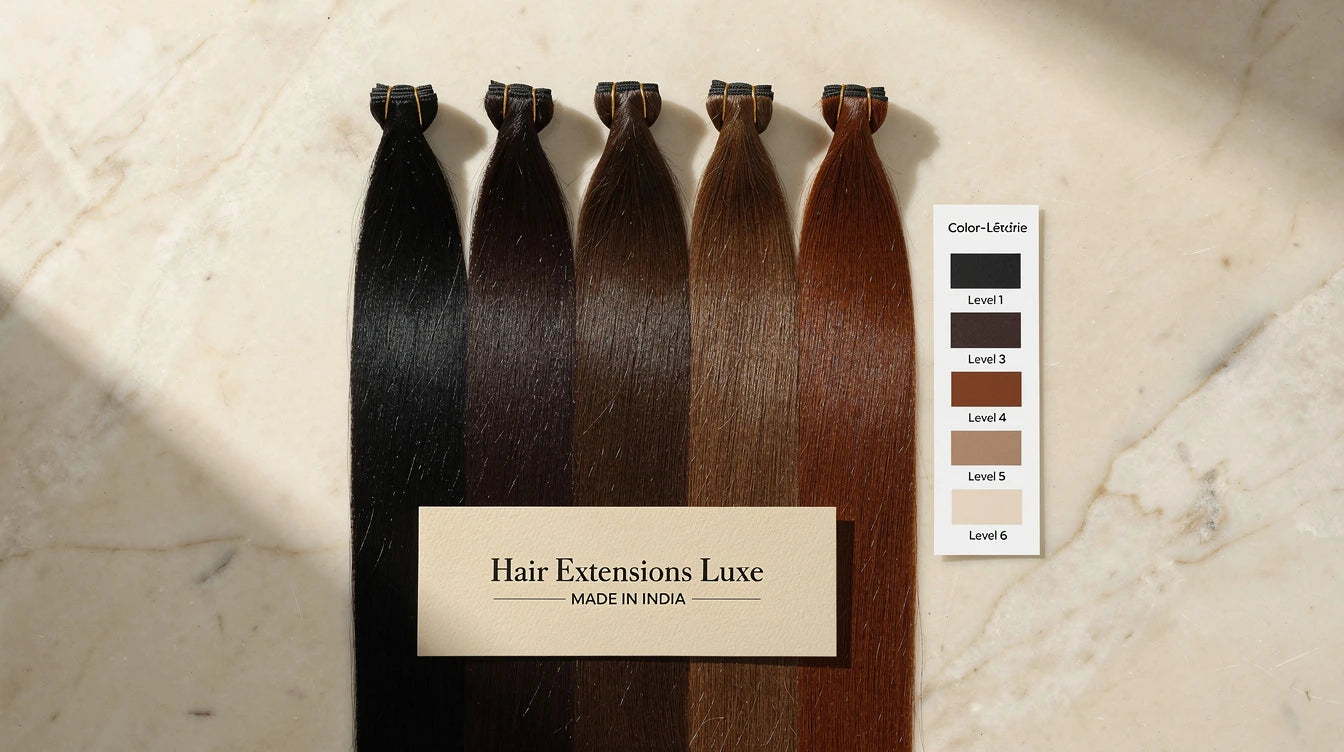 Six Indian Remy hair extension color levels 1-6 with level chart, Hair Extensions Luxe Made in India swatch card