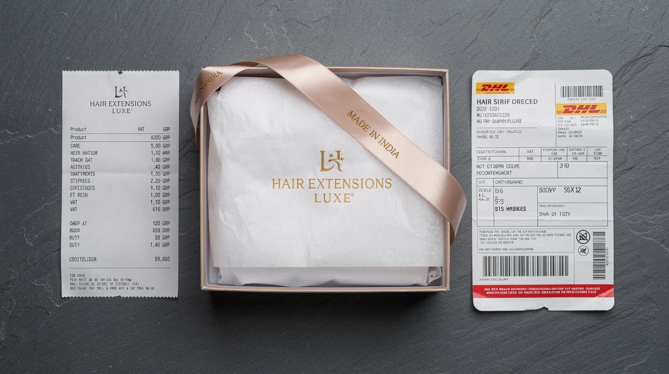 Hair Extensions Luxe DHL Express shipping box for UK buyer with GBP receipt and Made in India ribbon