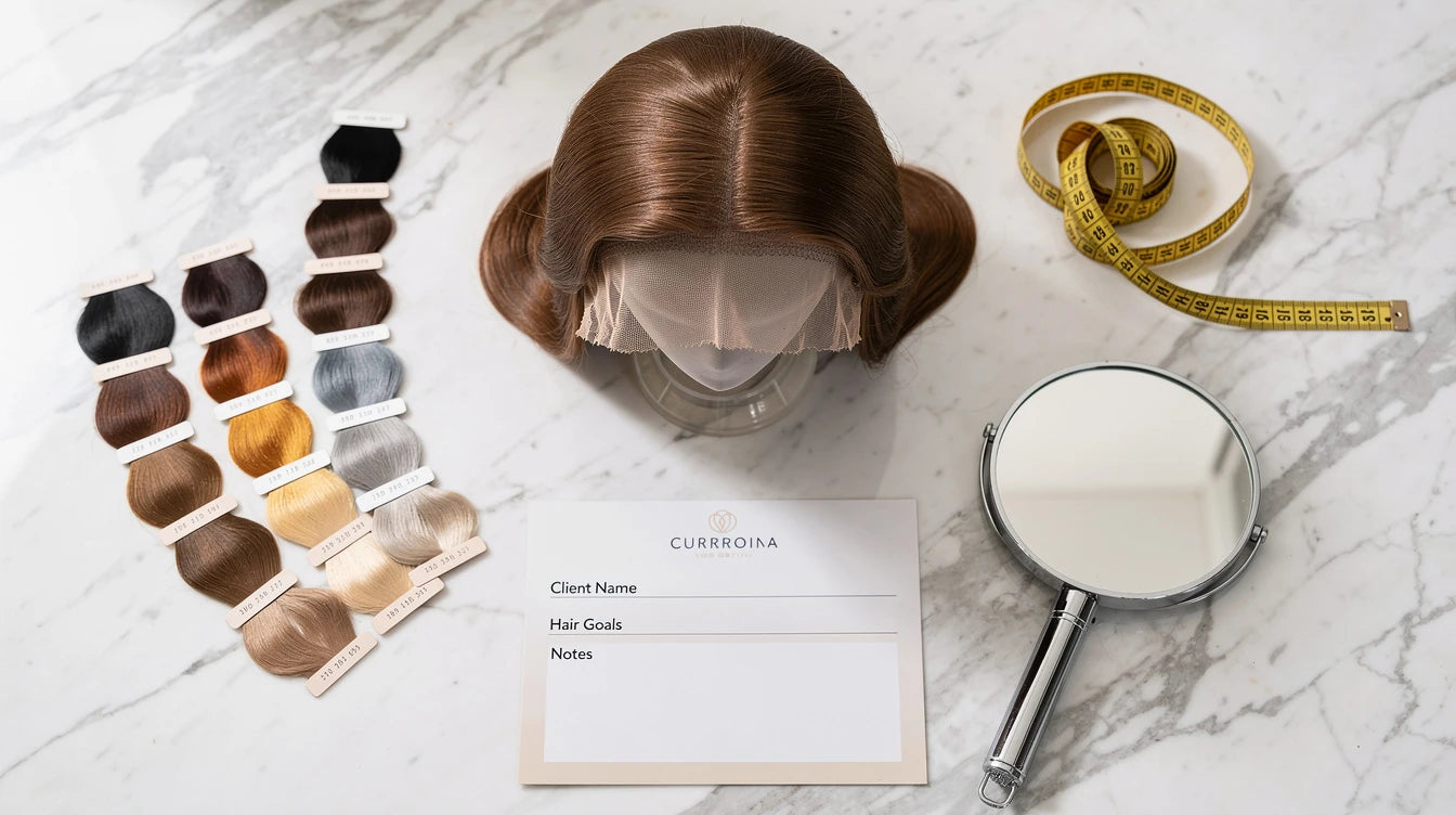 Overhead flat-lay of a wig consultation table with colour swatches and lace front wig