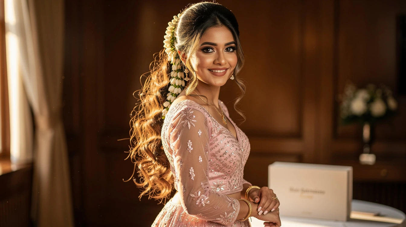 South Asian American bride in pastel lehenga with cascading ponytail extension and jasmine gajra bun, Hair Extensions Luxe bridal packaging