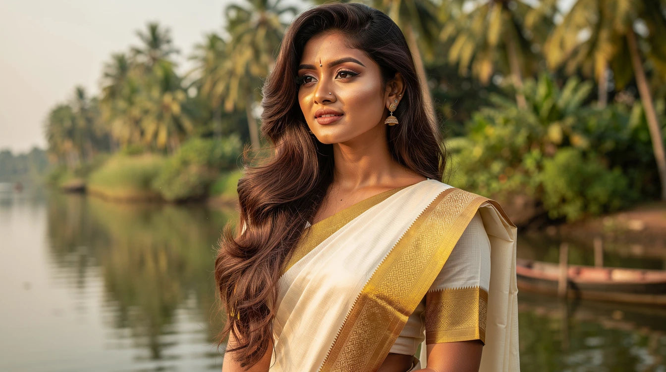 Hair extensions Kochi Kerala — woman with natural hair extensions in Kerala setting | Hair Extensions Luxe