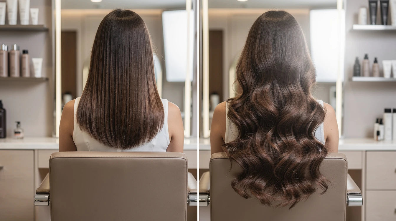 Before and after hair extension transformation showing thin hair versus voluminous extensions