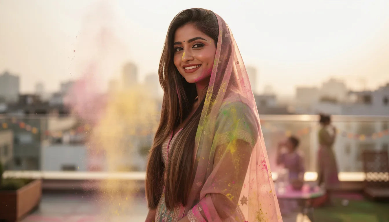 Protect hair extensions during Holi 2026 — Indian woman with extensions covered for Holi celebration | Hair Extensions Luxe