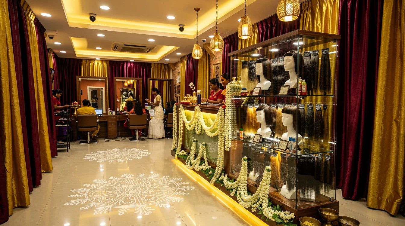 Hair extension salon interior in Chennai with kolam patterns and jasmine garlands