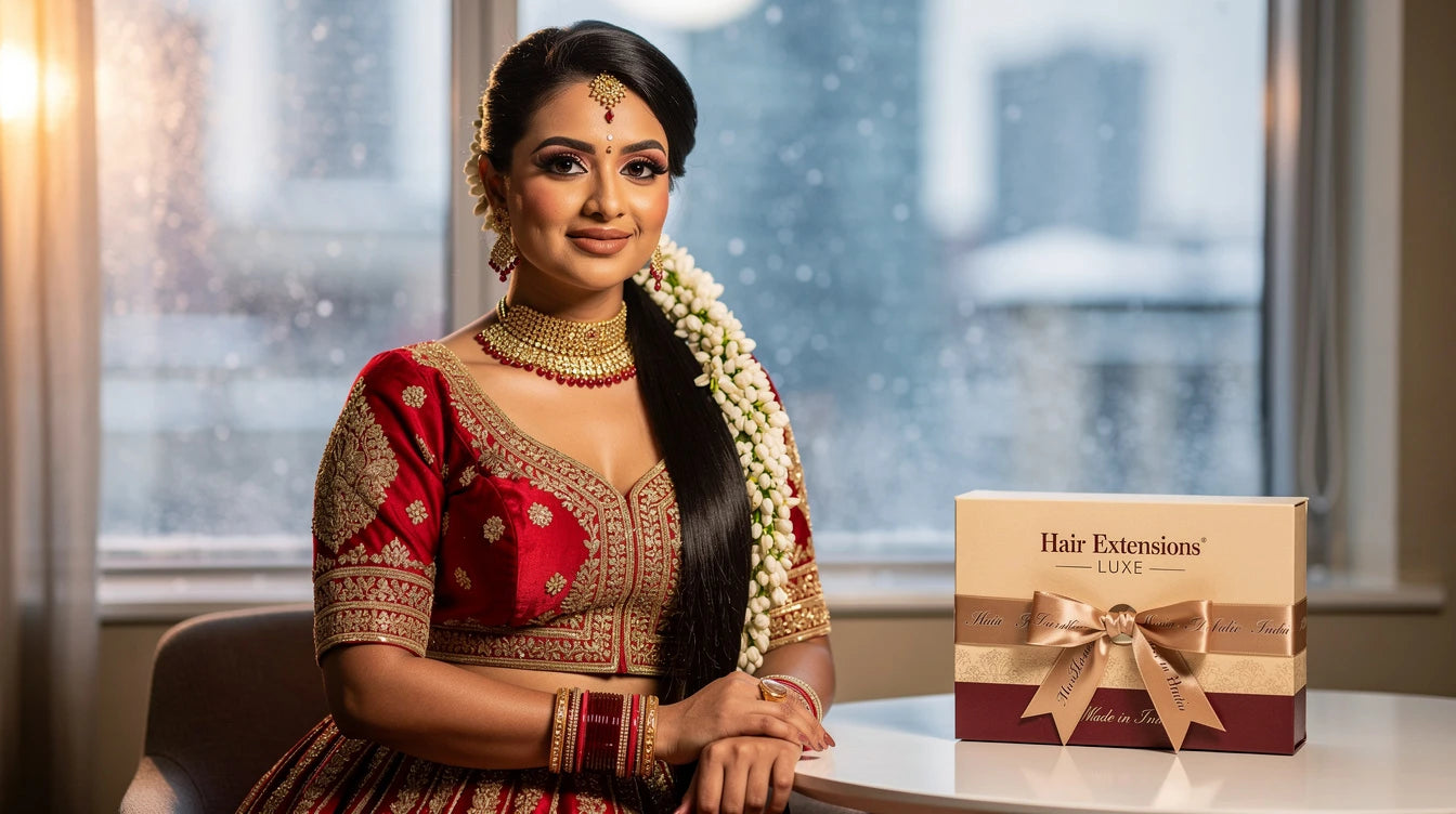 Indian-Canadian bride with cascading ponytail and gajra, Hair Extensions Luxe bridal packaging with Made in India ribbon