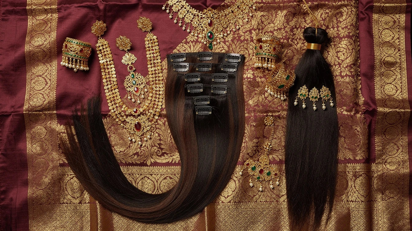 Hair extensions Surat — premium clip-in extensions and wigs on silk saree fabric | Hair Extensions Luxe