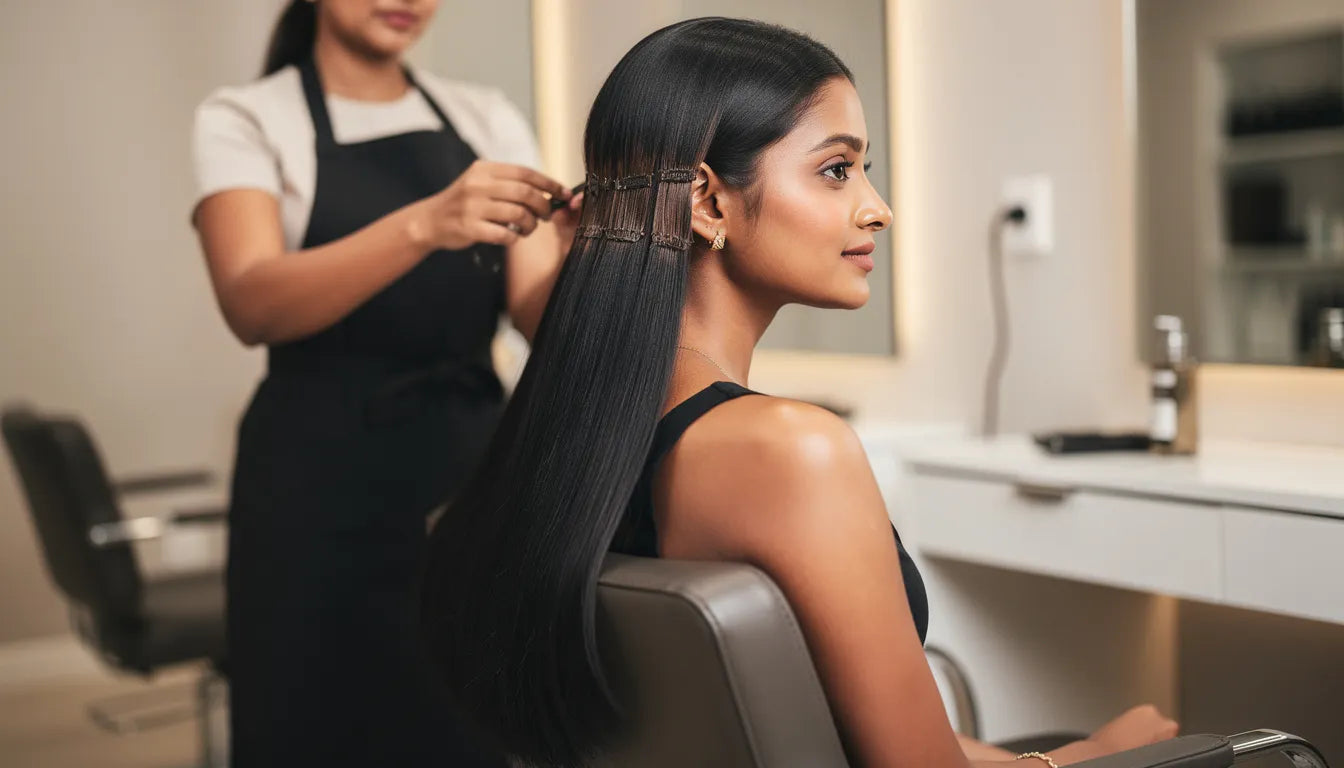 Permanent hair extensions price India 2026 — Indian woman with professionally installed extensions at salon | Hair Extensions Luxe