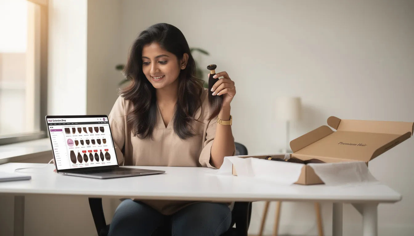 Indian woman buying hair extensions online — comparing shade from delivered order | Hair Extensions Luxe