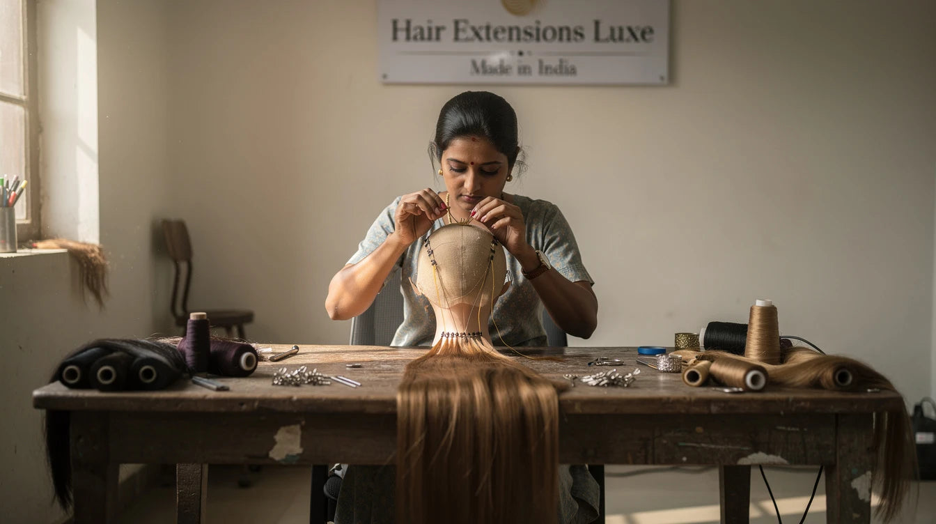 Hair Extensions Luxe atelier artisan hand-knotting lace wig in India with Made in India sign