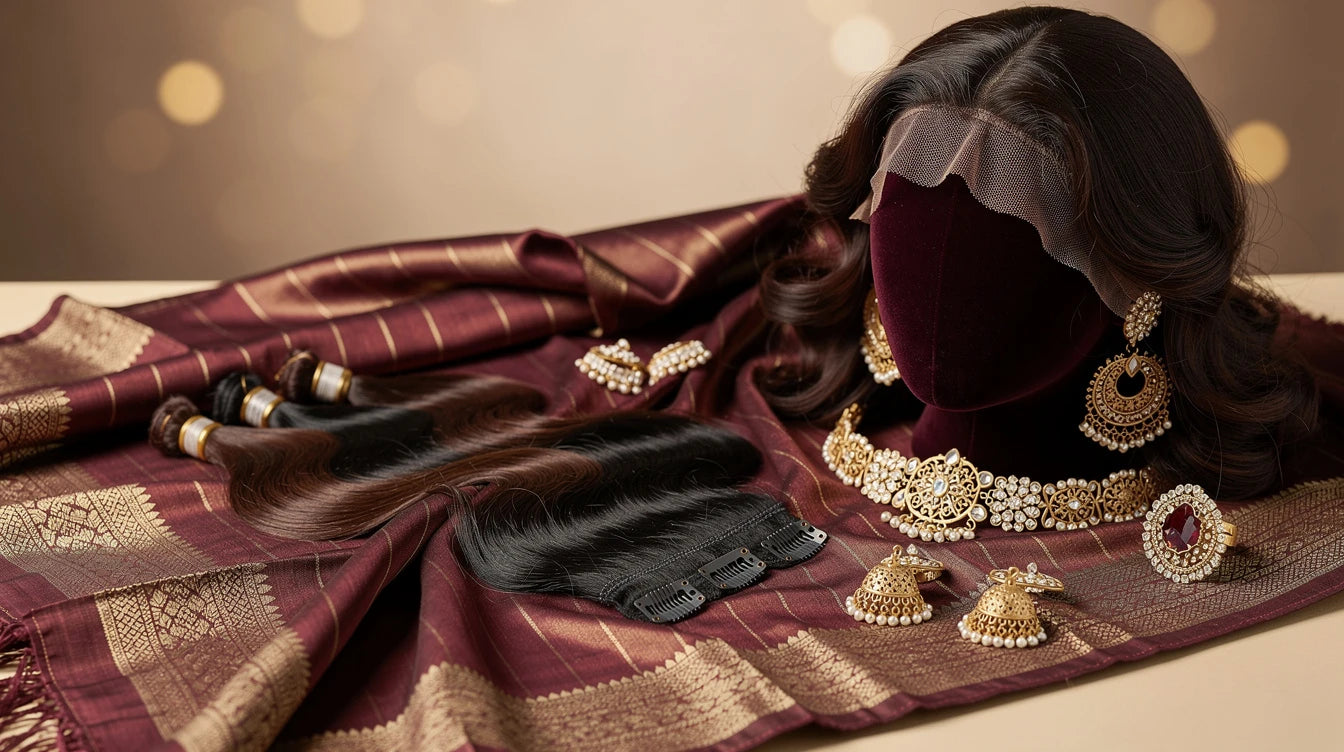 Hair extensions Indore — premium clip-in extensions and wigs on Maheshwari silk fabric | Hair Extensions Luxe