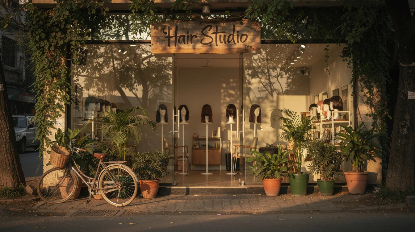 Boutique hair studio storefront on a tree-lined Koregaon Park lane in Pune