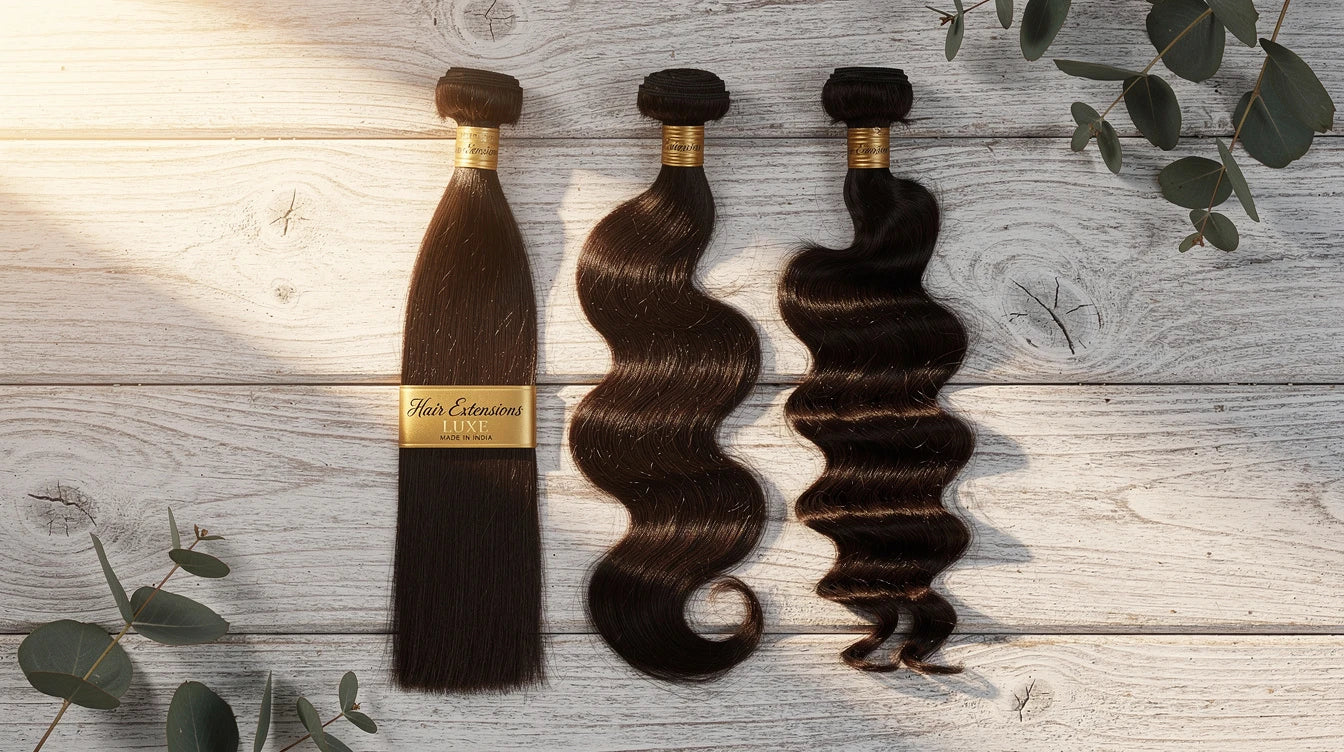 Three Indian Remy hair textures for Australian buyers on bleached wood with Hair Extensions Luxe Made in India ribbon