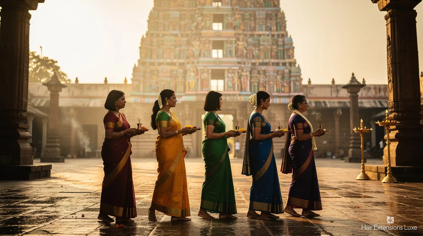 South Indian temple at sunrise where devotees donate hair used by Hair Extensions Luxe for ethical Remy sourcing