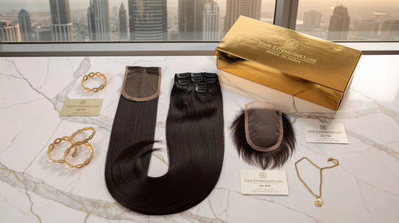 Premium Indian hair extensions flat-lay for Dubai UAE with AED cards and Hair Extensions Luxe Made in India gold-foil packaging
