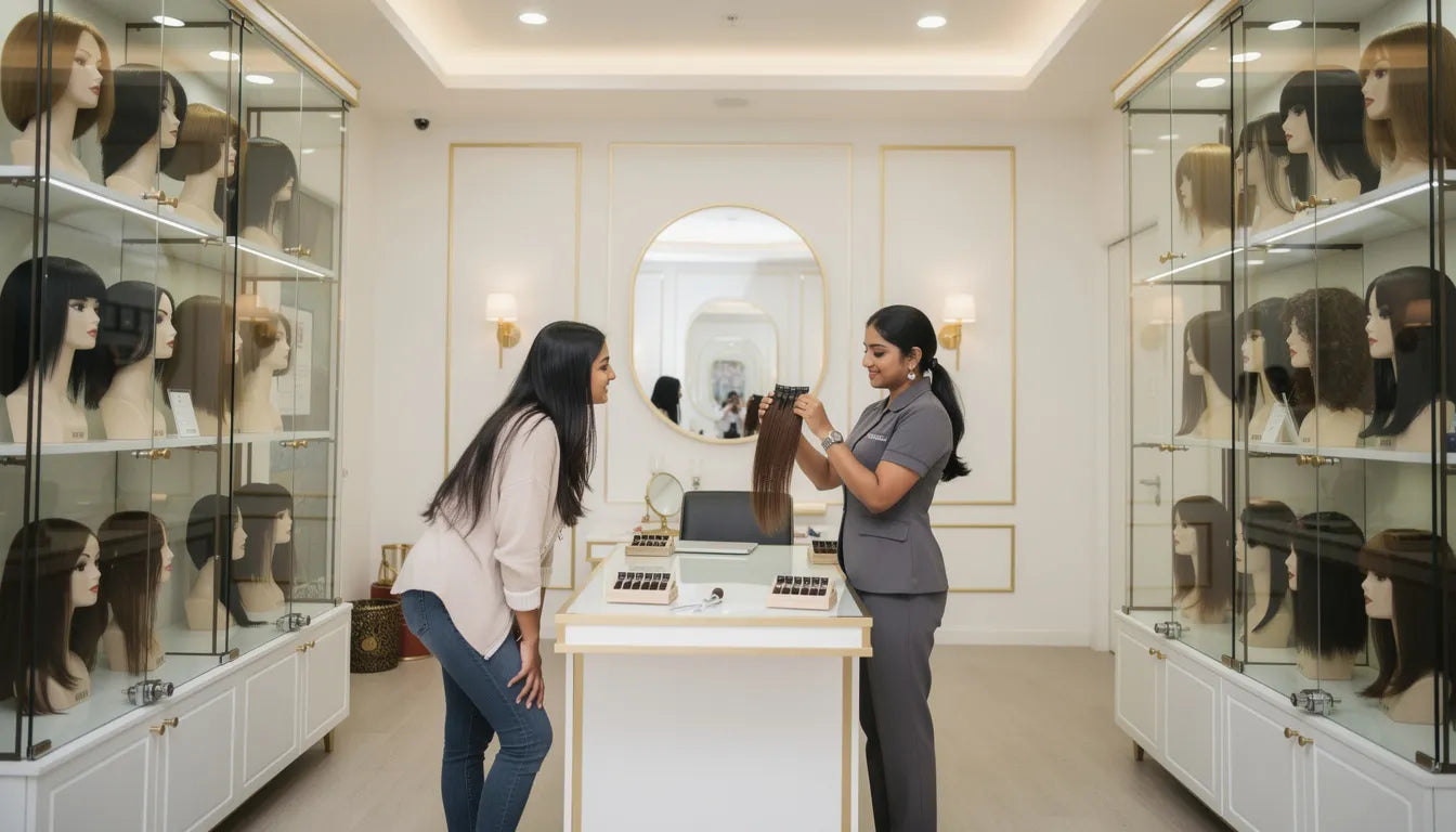 Hair extensions store experience centre — customer consultation with real product samples | Hair Extensions Luxe