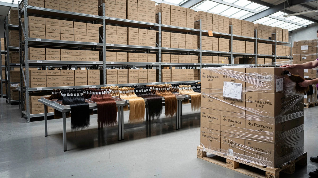 Hair Extensions Luxe wholesale warehouse with stacked branded boxes and sorted Indian Remy hair bundles ready for export