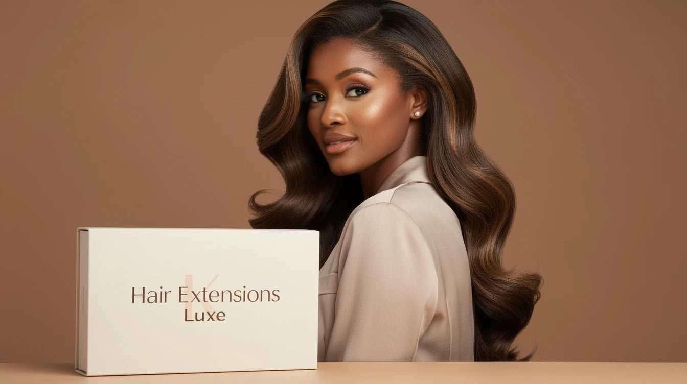 Black woman with Indian Remy clip-in extensions blended into her 4A blown-out natural hair with Hair Extensions Luxe packaging