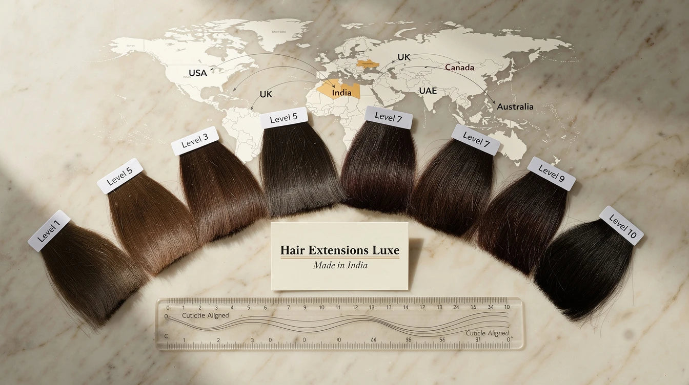 Six Indian Remy color levels with world shipping map, Hair Extensions Luxe Made in India international color match guide