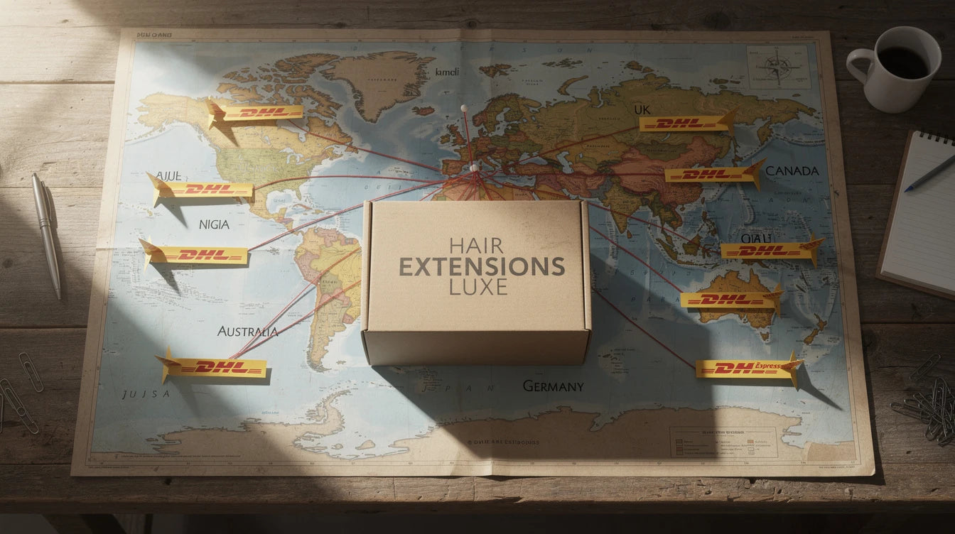 World map showing Hair Extensions Luxe international shipping routes to 10+ countries from India atelier