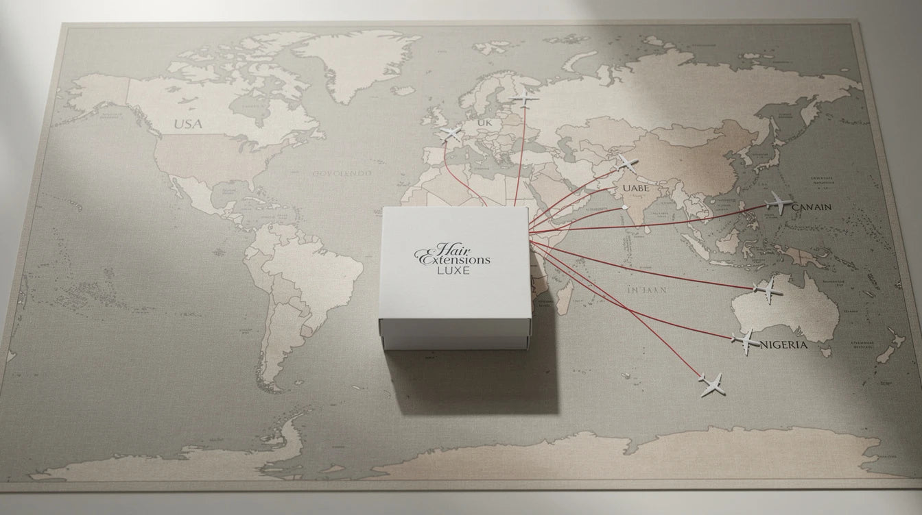 World map showing Hair Extensions Luxe international shipping routes from India to USA UK UAE Australia Nigeria