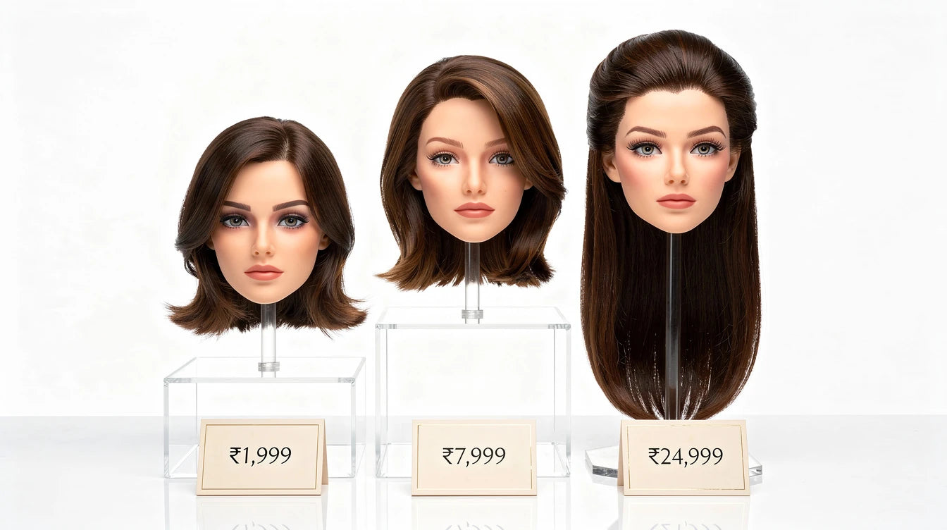 Three human hair wigs on acrylic stands at different price points in Indian rupees