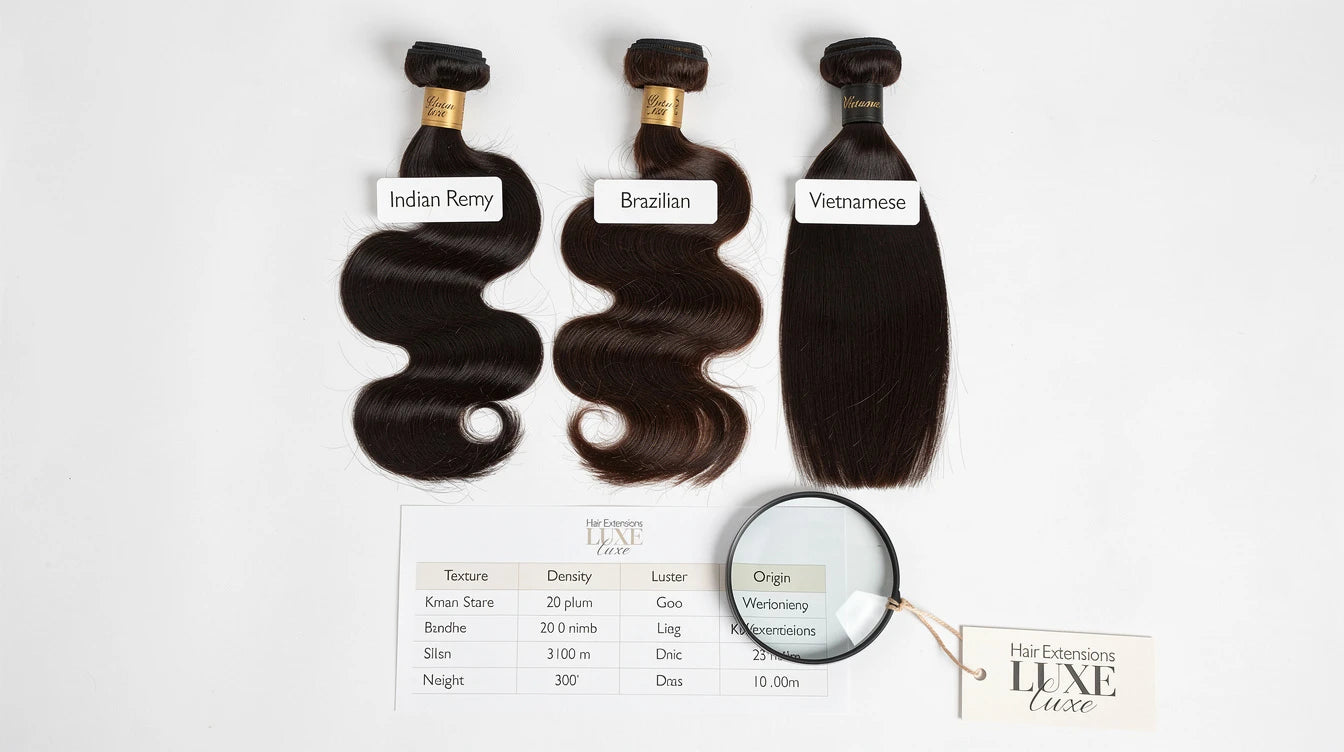 Indian Remy vs Brazilian vs Vietnamese hair comparison side by side with Hair Extensions Luxe branding