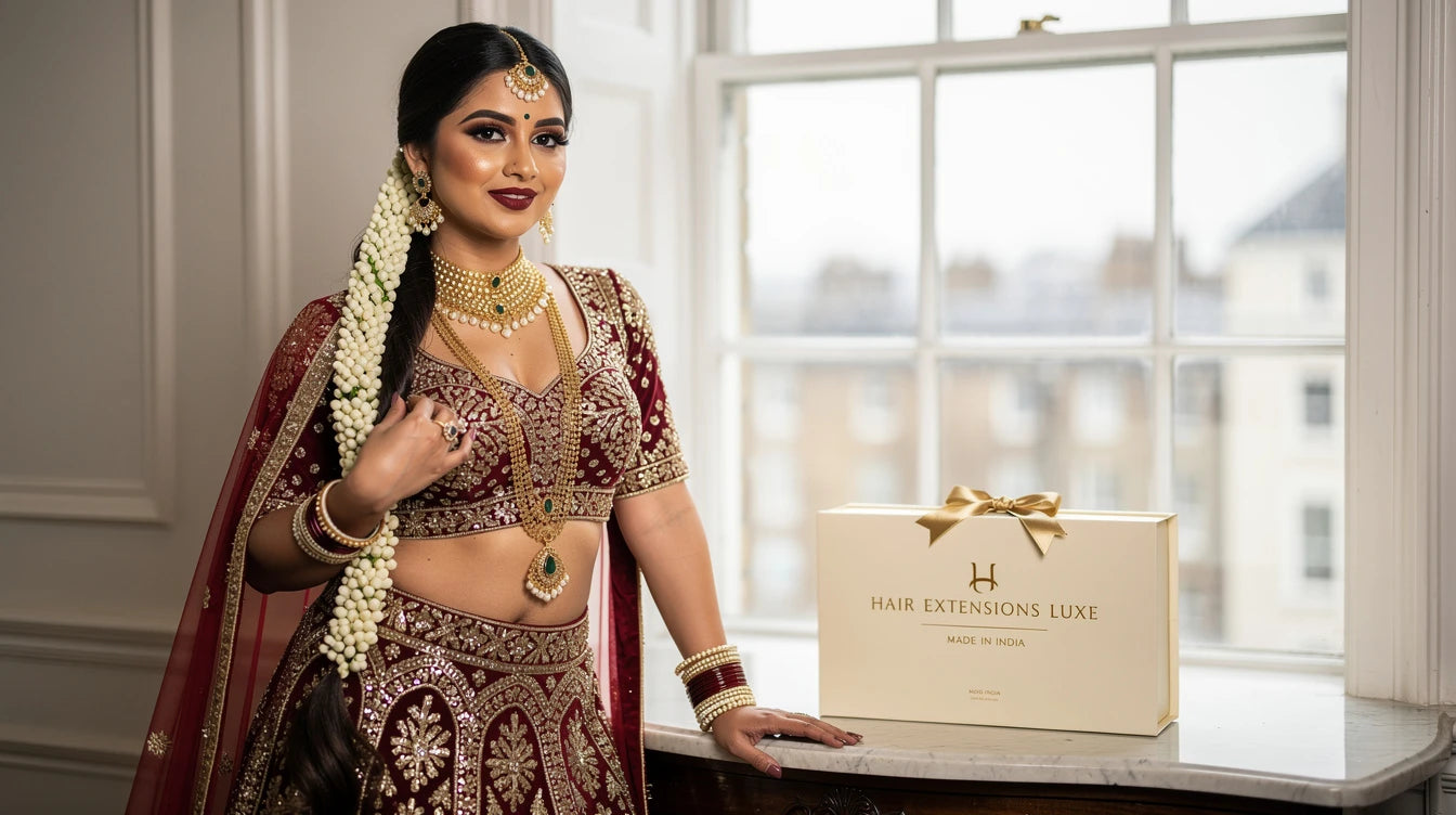 British-Indian bride in red-gold lehenga with cascading ponytail and jasmine gajra, London interior, Hair Extensions Luxe Made in India gift box