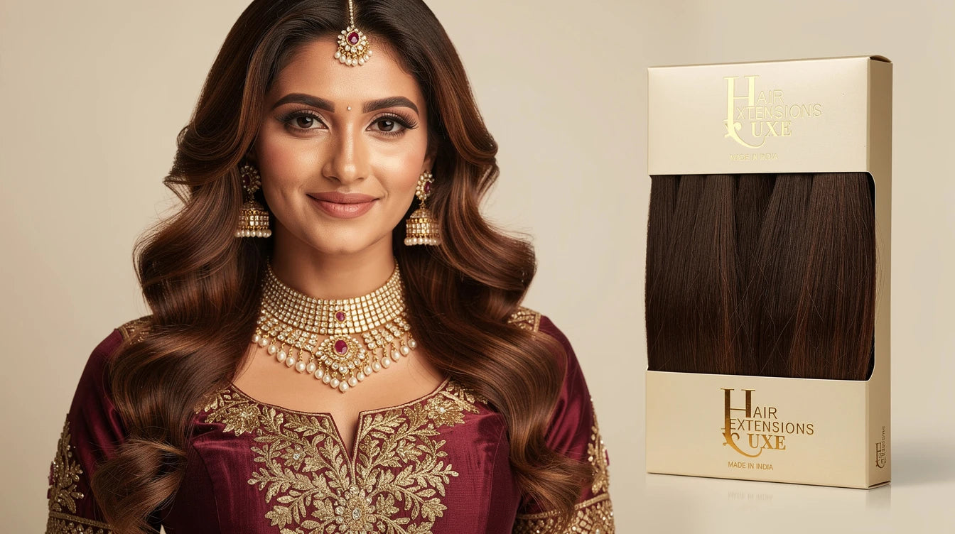 Indian woman with Crown-Lift Open Waves for Diwali festival, Hair Extensions Luxe Made in India