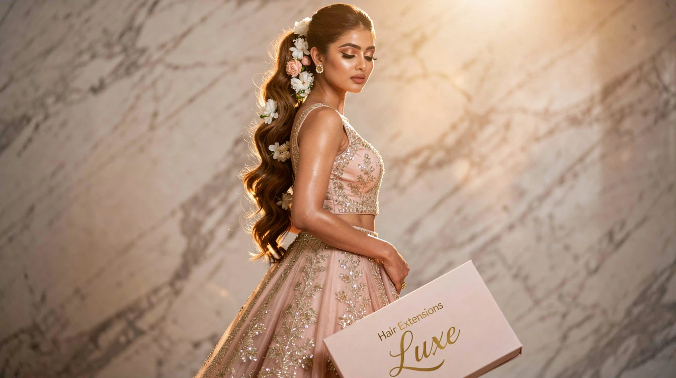 Indian engagement hairstyle with cascading ponytail extension and floral accents, Hair Extensions Luxe branding