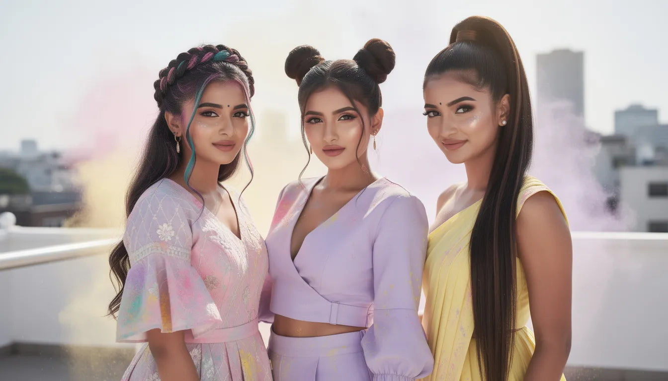 7 Holi hairstyles with hair extensions 2026 — Indian women wearing braided crown with coloured streaks, space buns and high ponytail for Holi festival | Hair Extensions Luxe