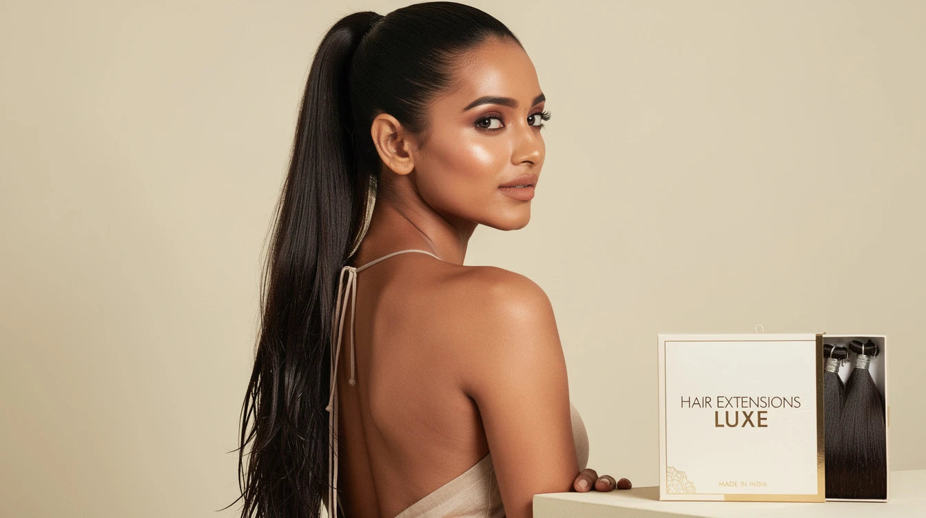 Indian woman with Tight High Ponytail for monsoon season, Hair Extensions Luxe Made in India