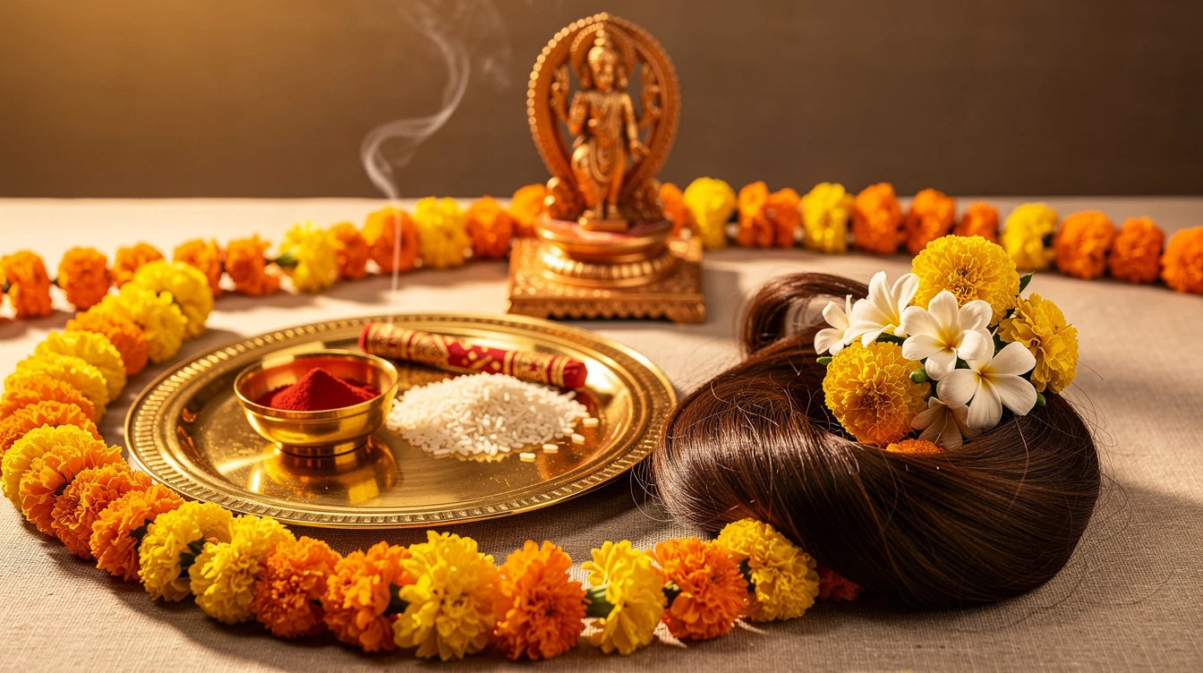 Woman with hair extensions styled for Ram Navami 2026 — traditional temple-ready bun with flowers and saffron dupatta | Hair Extensions Luxe