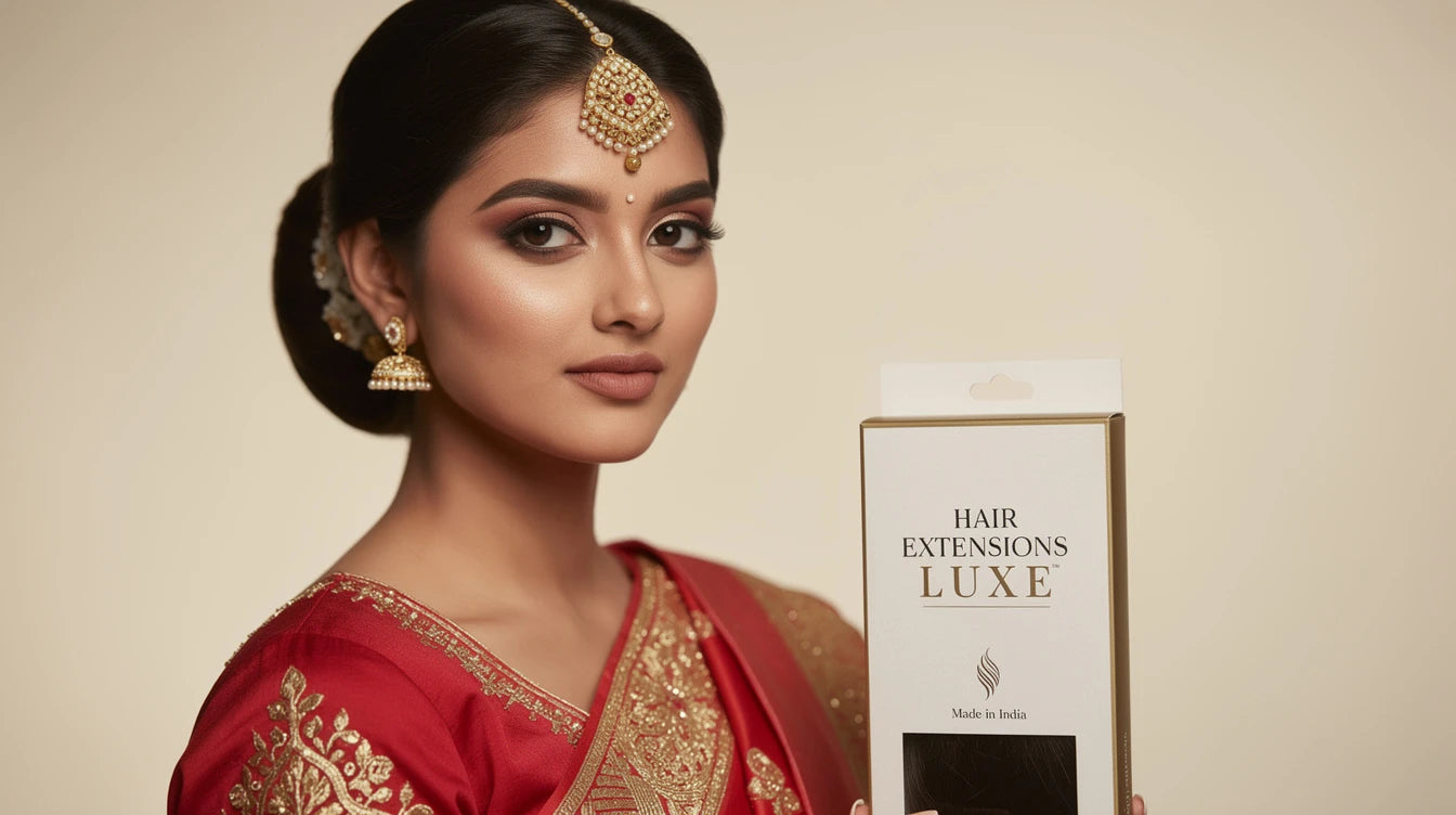 Indian woman with Bridal-Style Low Bun with Maang Tikka for Karva Chauth, Hair Extensions Luxe Made in India