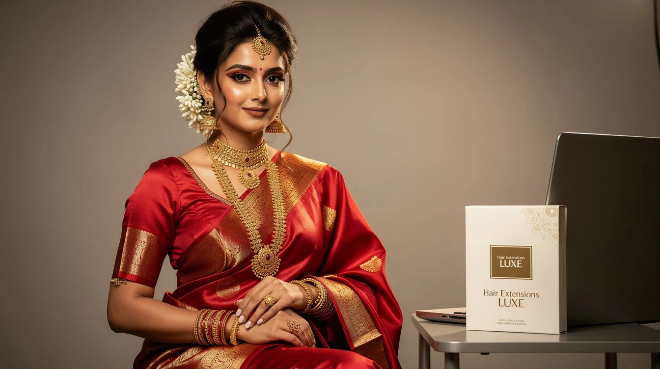 South Indian woman in Kanjivaram saree with messy bun extension and mogra gajra, Hair Extensions Luxe branding