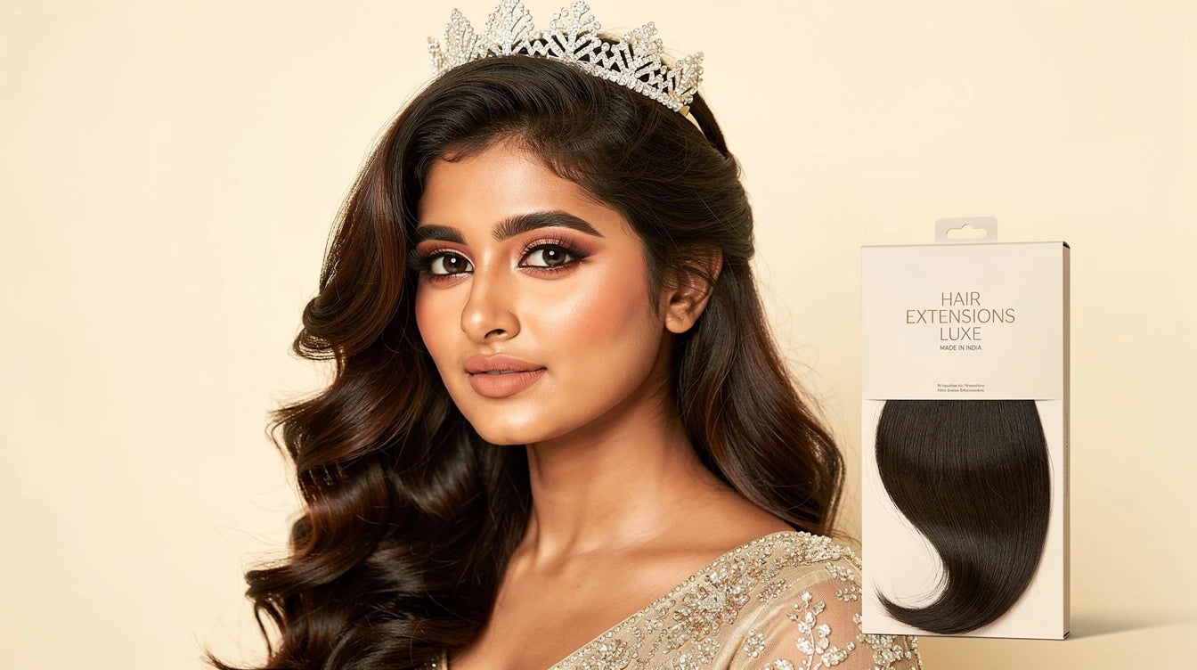 Indian woman with Light Crown Volumizer + Loose Waves for summer wedding, Hair Extensions Luxe Made in India