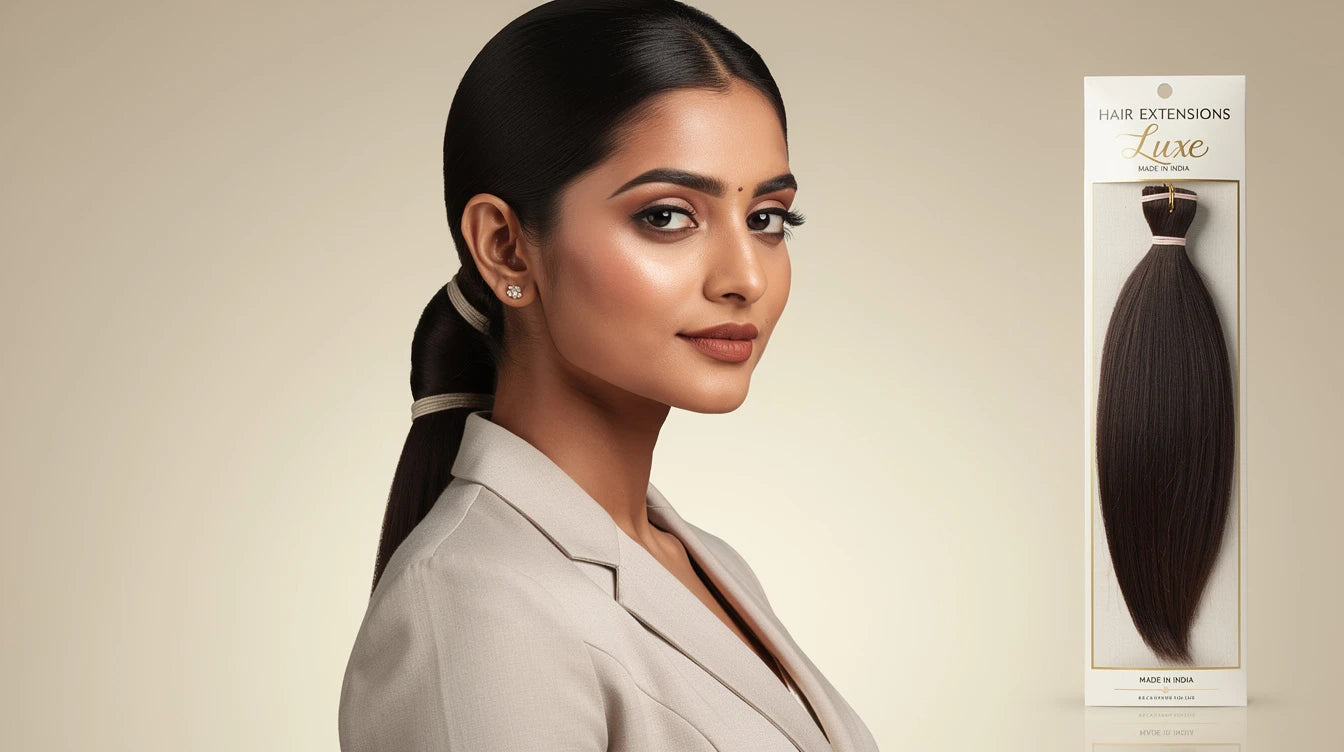 Indian woman with Sleek Ponytail with Wrap for office daily wear, Hair Extensions Luxe Made in India
