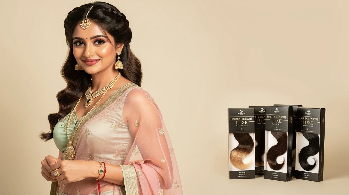 Indian woman with Easy Daytime Crown Volume for Raksha Bandhan, Hair Extensions Luxe Made in India