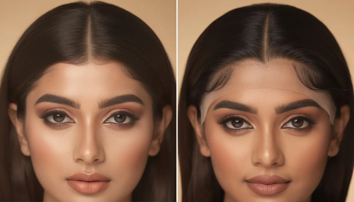 Silk top wig vs lace front wig comparison — silk top shows natural scalp at parting while lace front shows invisible hairline | Hair Extensions Luxe India
