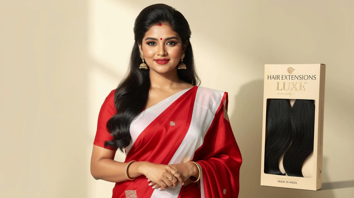 Indian woman with Open Hair with Crown Volume (Lal Paar Saree) for Durga Puja, Hair Extensions Luxe Made in India