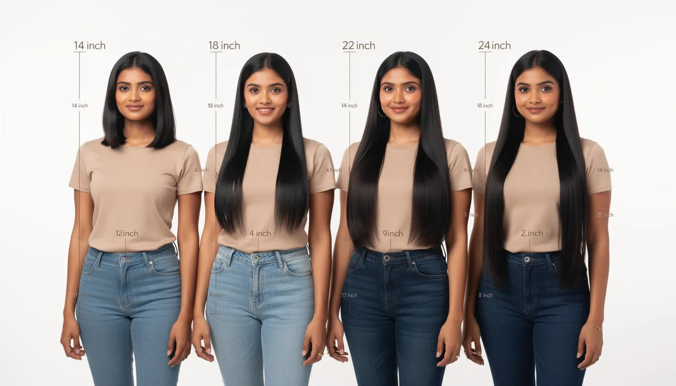 Hair extension length guide for Indian women — showing where 14 inch, 18 inch, 22 inch and 24 inch extensions fall on different heights | Hair Extensions Luxe