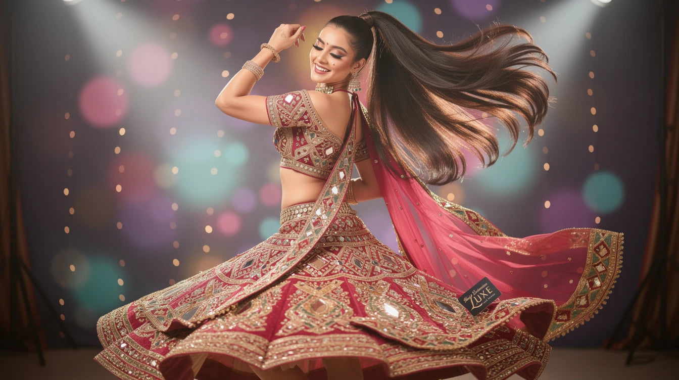 Indian sangeet night high ponytail extension with colourful lehenga, Hair Extensions Luxe branding