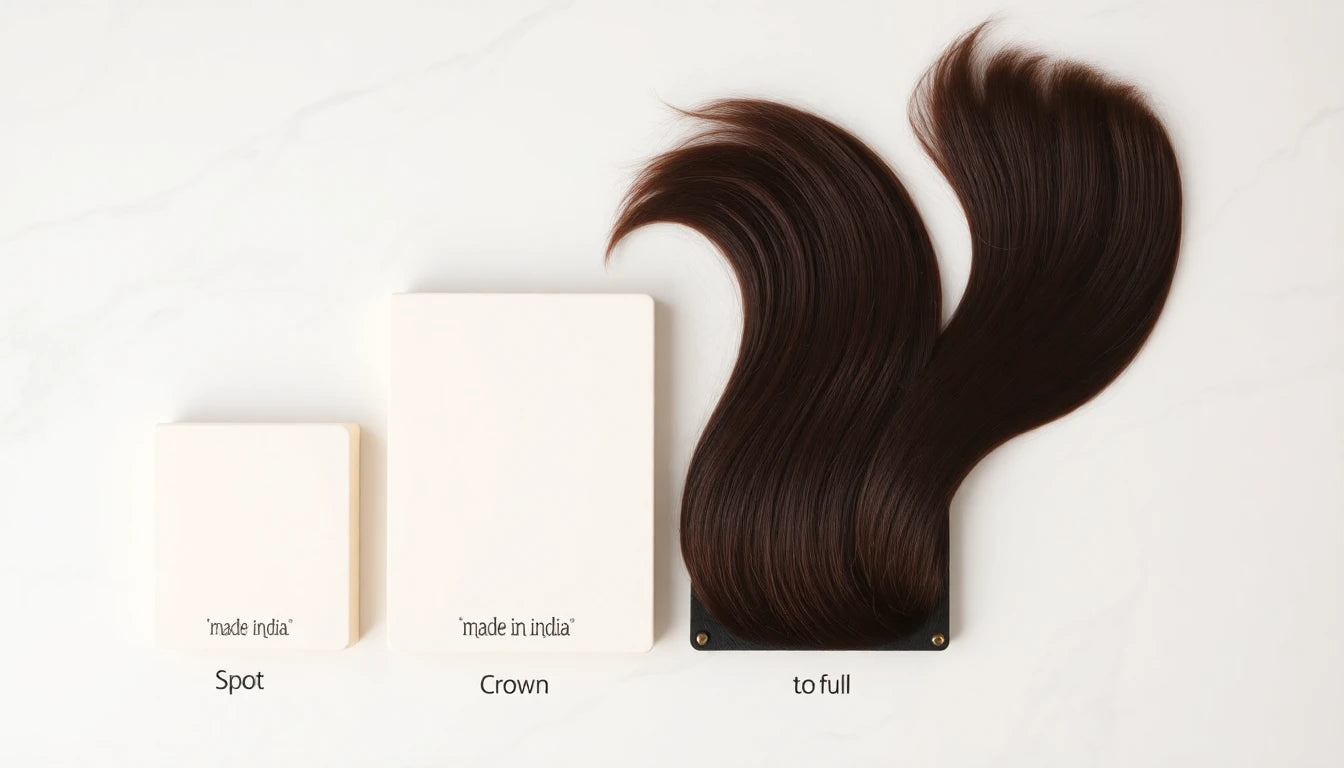 Four hair topper base sizes from spot to full coverage