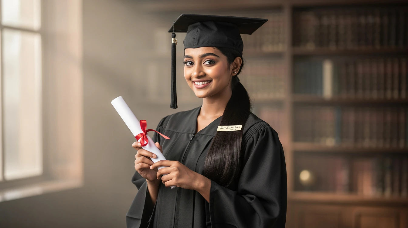 Indian graduate with polished low ponytail extension in cap and gown holding diploma, Hair Extensions Luxe branding