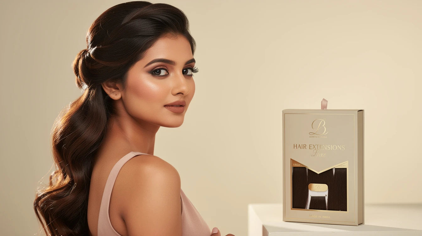 Indian woman with Classic Crown Twist Half-Up for bridal half-up styling, Hair Extensions Luxe Made in India
