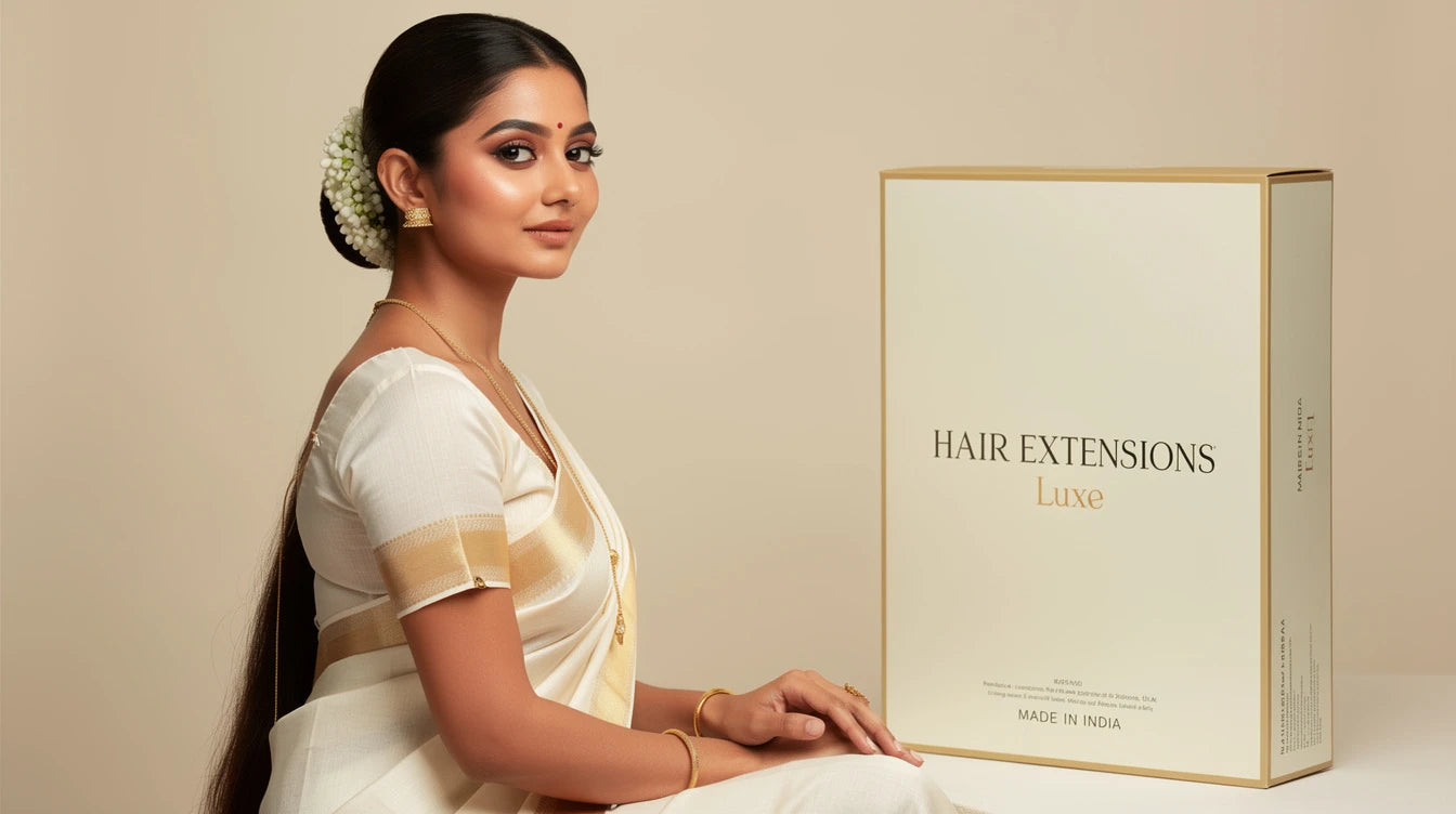 Indian woman with Jasmine-Wrapped Low Bun for Onam, Hair Extensions Luxe Made in India