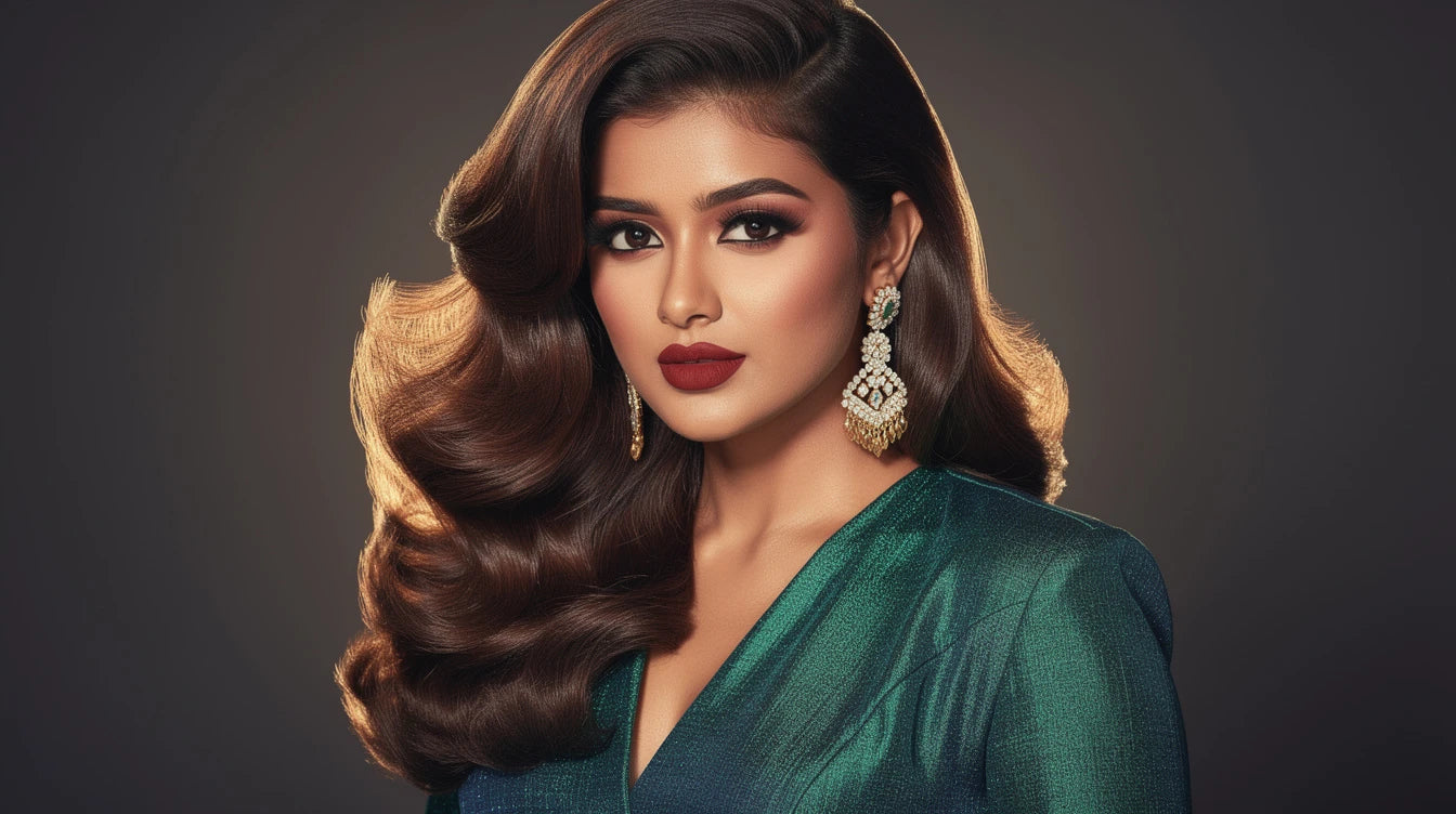 Bollywood hairstyles with hair extensions — voluminous side-swept waves celebrity look | Hair Extensions Luxe