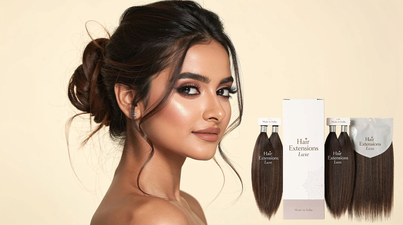 Indian woman with The Classic Undone Bun for messy-bun styling on thin hair, Hair Extensions Luxe Made in India
